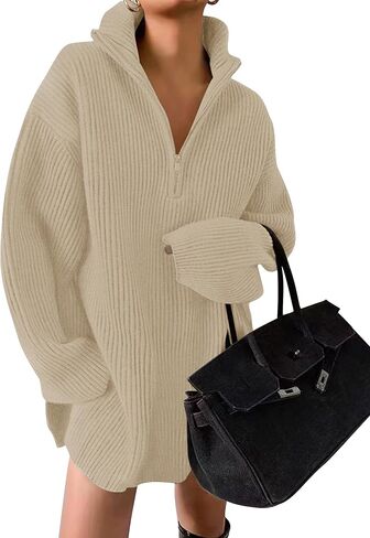 ZESICA Women's 2024 Long Sleeve Mini Sweater Dress Fall Quarter Zip Ribbed Knit Oversized Pullover Jumper Sweaters in Saudi Arabia