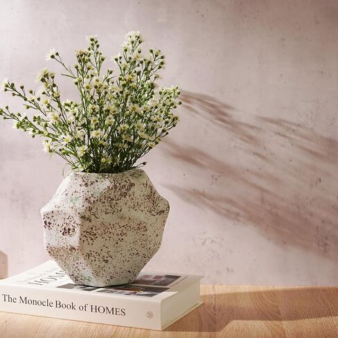 Brown White Rustic Ceramic Vase, Farmhouse Flower Vase, Stone Shaped Terra Cotta Vase, Indoor Outdoor Flower Vase for Home Decor, Office Decor, Table Centerpieces, Packaged as a Gift. in Saudi Arabia