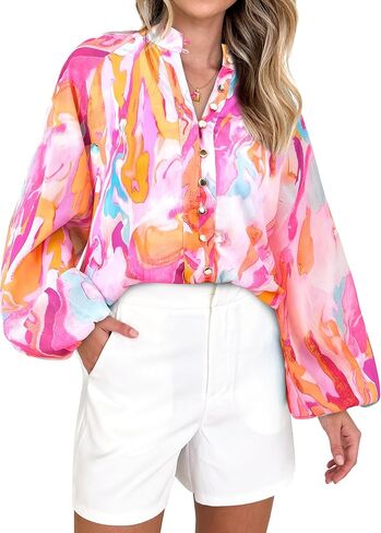 MASCOMODA Womens Boho Floral Print Fall Tops Dressy Casual V Neck Button Down Lantern Long Sleeve Shirts Chiffon Work Blouse in Kuwait