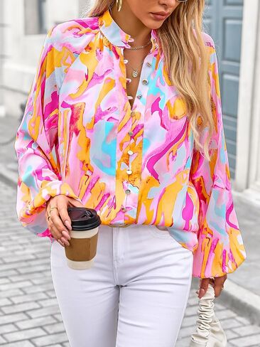 MASCOMODA Womens Boho Floral Print Fall Tops Dressy Casual V Neck Button Down Lantern Long Sleeve Shirts Chiffon Work Blouse in Kuwait
