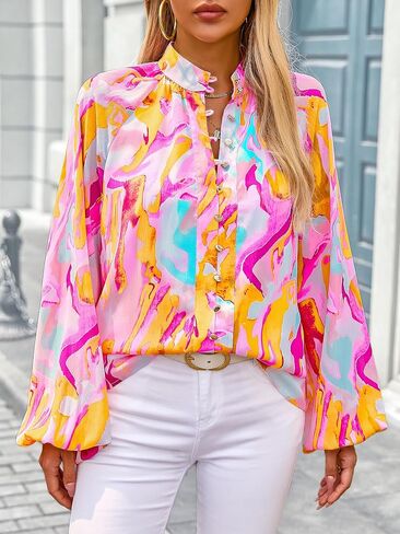 MASCOMODA Womens Boho Floral Print Fall Tops Dressy Casual V Neck Button Down Lantern Long Sleeve Shirts Chiffon Work Blouse in Kuwait