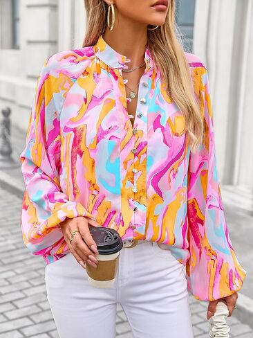 MASCOMODA Womens Boho Floral Print Fall Tops Dressy Casual V Neck Button Down Lantern Long Sleeve Shirts Chiffon Work Blouse in Kuwait