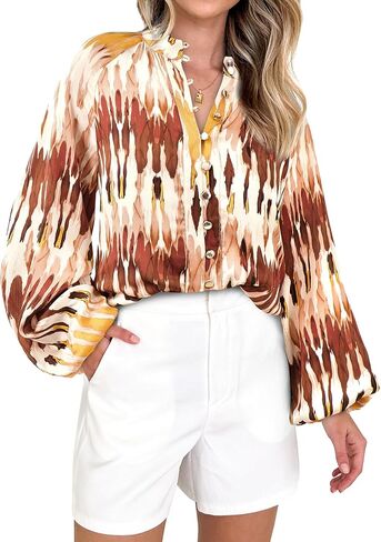 MASCOMODA Womens Boho Floral Print Fall Tops Dressy Casual V Neck Button Down Lantern Long Sleeve Shirts Chiffon Work Blouse in Kuwait