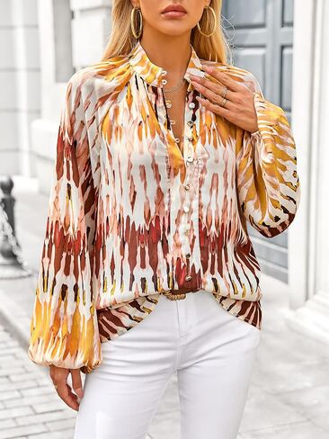 MASCOMODA Womens Boho Floral Print Fall Tops Dressy Casual V Neck Button Down Lantern Long Sleeve Shirts Chiffon Work Blouse in Kuwait