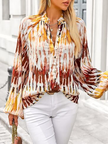 MASCOMODA Womens Boho Floral Print Fall Tops Dressy Casual V Neck Button Down Lantern Long Sleeve Shirts Chiffon Work Blouse in Kuwait