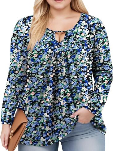 VISLILY Womens-Plus-Size-Dressy-Tops Trendy Keyhole Crewneck T Shirts Casual Long Sleeve Tunics Flowy Pleated Blouses XL-5XL in Kuwait