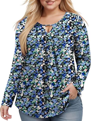 VISLILY Womens-Plus-Size-Dressy-Tops Trendy Keyhole Crewneck T Shirts Casual Long Sleeve Tunics Flowy Pleated Blouses XL-5XL in Kuwait