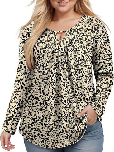 VISLILY Womens-Plus-Size-Dressy-Tops Trendy Keyhole Crewneck T Shirts Casual Long Sleeve Tunics Flowy Pleated Blouses XL-5XL in Kuwait