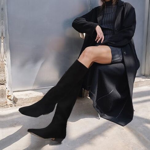 Knee High Boots for Women Square Toe Tall Boots Chunky Low Stacked Heels Long Boots Suede Pull on Wide Calf Comfy Dressy Fashion Casual in Saudi Arabia