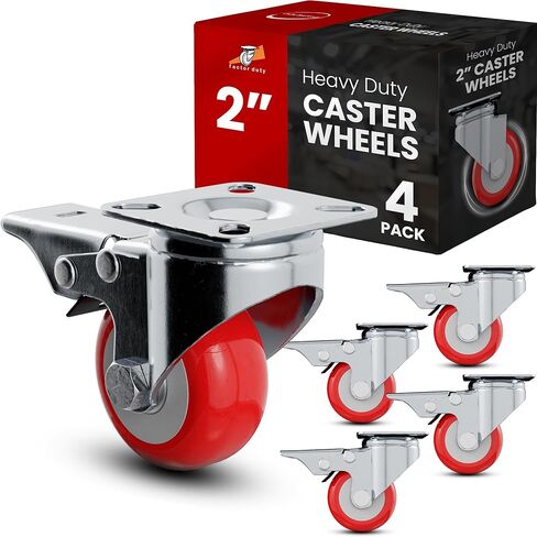 Online Best Service 4 Pack Caster Wheels Swivel Plate On Red Polyurethane Wheels (2 inch with Brake) in Kuwait