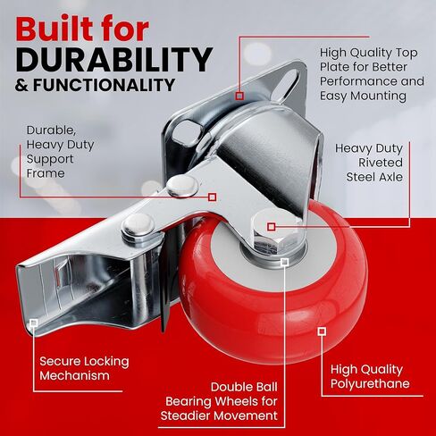 Online Best Service 4 Pack Caster Wheels Swivel Plate On Red Polyurethane Wheels (2 inch with Brake) in Kuwait