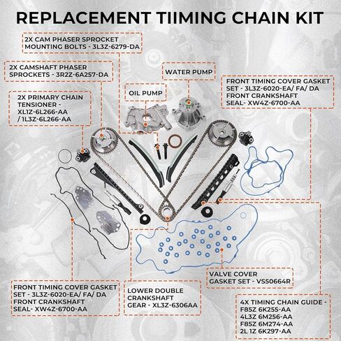 مجموعة سلسلة التوقيت، مضخة مياه مضخة الزيت ومجموعة توقيت محرك صمامات VVT، مناسبة لسيارة Ford F-150 5.4L 2004-2009، مناسبة لسيارة Lincoln Navigator 5.4L، مناسبة لسيارة Ford Expedition 5.4L OE# 5L3Z-6268-A in Kuwait