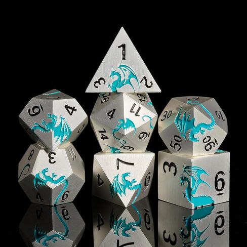 مجموعة نرد DND معدنية من Blue Dragon، مجموعة نرد رائعة D&D من HNCCESG مكونة من 7 قطع، ونرد هدايا زنزانات وتنين، نرد لعب الأدوار لألعاب طاولة D&D (تنين فضي غير لامع Blue2 Dragon) in Kuwait