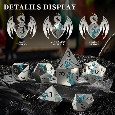 مجموعة نرد DND معدنية من Blue Dragon، مجموعة نرد رائعة D&D من HNCCESG مكونة من 7 قطع، ونرد هدايا زنزانات وتنين، نرد لعب الأدوار لألعاب طاولة D&D (تنين فضي غير لامع Blue2 Dragon) in Kuwait