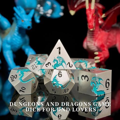 مجموعة نرد DND معدنية من Blue Dragon، مجموعة نرد رائعة D&D من HNCCESG مكونة من 7 قطع، ونرد هدايا زنزانات وتنين، نرد لعب الأدوار لألعاب طاولة D&D (تنين فضي غير لامع Blue2 Dragon) in Kuwait