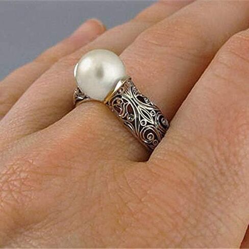 Simulated Pearl Wrap Ring 14k Gold Exquisite Pearl Ring 925 Sterling Silver Statement Ring Freshwater Pearl Cubic Zirconia CZ Floral Leaves Vintage Size 8 in Kuwait