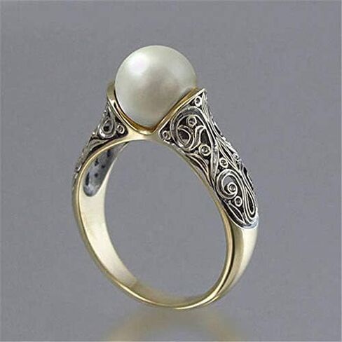 Simulated Pearl Wrap Ring 14k Gold Exquisite Pearl Ring 925 Sterling Silver Statement Ring Freshwater Pearl Cubic Zirconia CZ Floral Leaves Vintage Size 8 in Kuwait