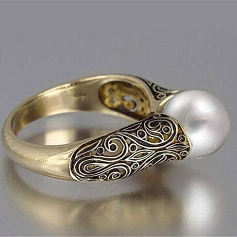 Simulated Pearl Wrap Ring 14k Gold Exquisite Pearl Ring 925 Sterling Silver Statement Ring Freshwater Pearl Cubic Zirconia CZ Floral Leaves Vintage Size 8 in Kuwait