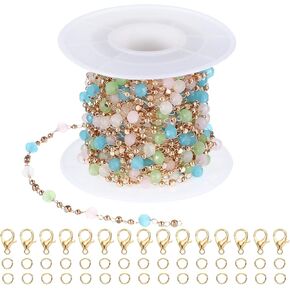 PATIKIL Copper Jewelry Chain, 16Ft Colorful Satellite Bead Link Cable Chains for Necklace Earring Bracelet Findings Jewelry Making Trucker Hat Chains, Gold/Multicolor