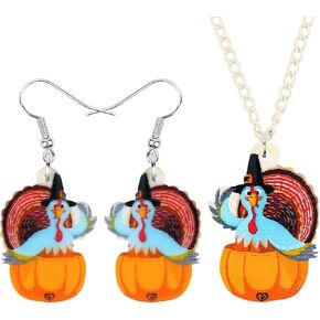 NEWEI Cute Thanksgiving Turkey Jewelry sets for Women Acrylic Chicken Thanksgiving Holiday Jewelry Pendant Necklace Dangle Earrings Sets