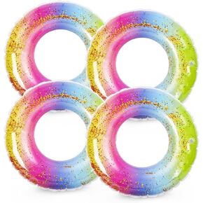 Whaline 4Pcs Inflatable Pool Floats Toys Swim Tubes Rings Glitter Rainbow Pool Tube for Teen Boys Girls Outdoor Summer Swimming Pool Beach Party Favors Supplies