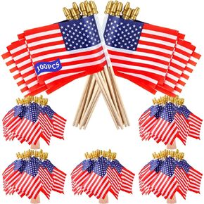 100pcs Small American Flags on Stick, Handheld 8 x 5.5 Inchs Mini American Flags with Kid-Safe Golden Spear Top, US Flags for 4th of July Decorations Outdoor, Independence Day Decorations