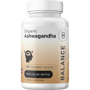 Certified Organic Ashwagandha 1600 mg Supplement - 120 Vegan Capsules - Stress, Mood, Energy and Thyroid Support Supplement - Non-GMO Gluten-Free Pills by Balance Breens