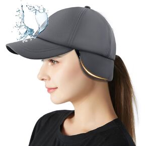 Peicees Winter Fleece Hat with Ponytail Hole Drop Down Ear Flaps Warmer for Women Men Waterproof Running Baseball Cap Riding