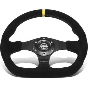 NRG Innovations RST-024MB-S-Y 320mm 3-Spoke Flat Bottom Suede Steering Wheel with Horn Button, 6X70mm Bolt Pattern,Black Wheel/Yellow Stripe