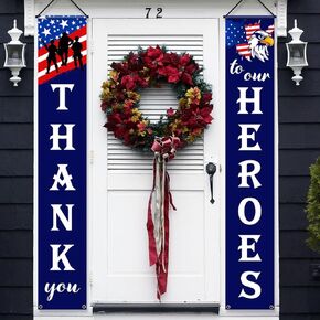 Veterans Day Decorations-Thank You to Our Heroes Porch Sign Patriotic Veterans Day Door Banner Military American Flag Party Supplies Outdoor