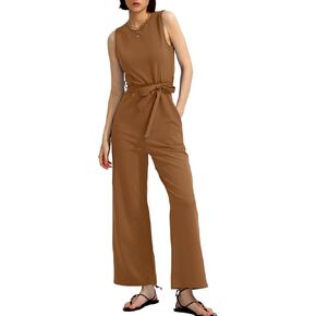 CHERFLY Jumpsuits for Women 2024 Summer Sleeveless Loose Overalls Crew Neck Sleeveless Belted Wide Leg Pants One Piece Outfit