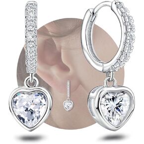 Heart Hoop Earrings with Dangle Sterling Silver Love Heart-Shaped Earrings Trendy Hypoallergenic Cubic Zirconia Hoop Earrings with Dangling Charms Dainty Fashion Loop Earrings for Women Gifts