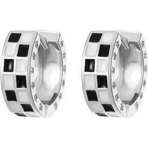Checkered Hoop Earrings for Women, Black White Checker Small Hoop Earrings Plated with 16K Gold for Women