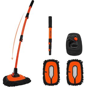 Car Wash Brush, 43" Extendable Car Wash Brush Mop with Long Handle, 15 Degree Curved Soft Car Washing Brushes with Extra Microfiber Brush Head for Truck SUV Cleaning, Orange