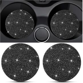2PCS Bling Car Cup Holder Coaster, Crystal Rhinestone Non-Slip Insert Auto Cup Pads, Sparkling Vehicle Decor Bottle Mat Accessories for Women Girls, Universal for RV, SUV, Truck (Black)