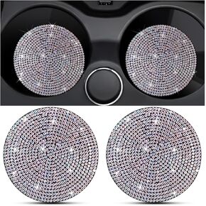 2PCS Bling Car Cup Holder Coaster, Crystal Rhinestone Non-Slip Insert Auto Cup Pads, Sparkling Vehicle Decor Bottle Mat Accessories for Women Girls, Universal for RV, SUV, Truck (Black)