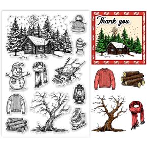 PH PandaHall Winter Theme Clear Stamp, Snowman Silicone Stamp Winter House Clothing Transparent Rubber Stamp Seal Paper Stamps for Card Making, Photo Albums, Christmas Cards, Scrapbooking, Gift