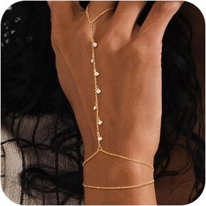 Moodear Dainty Ring Bracelet Hand Chain for Women - 14K Gold Plated/Sterling Silver Layered Adjustable Satellite Bead Paperclip Dot CZ Link Hand Chain Bracelets Non Tarnish Trendy Jewelry Gift