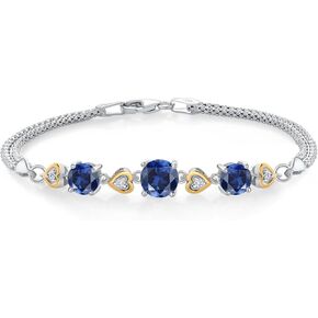 Gem Stone King 925 Sterling Silver and 10k Yellow Gold Blue Created Sapphire and White Lab Grown Diamond Bracelet For Women (3.68 Cttw, Round 7MM and 6MM, 6.5/7/7.5 Inch, Made In Italy)