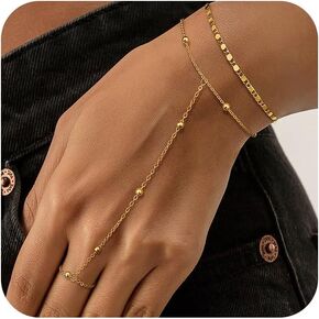 Moodear Dainty Ring Bracelet Hand Chain for Women - 14K Gold Plated/Sterling Silver Layered Adjustable Satellite Bead Paperclip Dot CZ Link Hand Chain Bracelets Non Tarnish Trendy Jewelry Gift