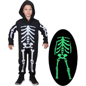 Enlifety 1-8T Kids Halloween Skeleton Costume Boys Girls Glow in the Dark Skull Jumpsuit with Hood