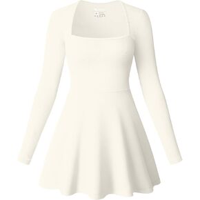 OQQ Women Long Sleeve Dresses Square Neck Casual Party Club A-Line Mini Dress