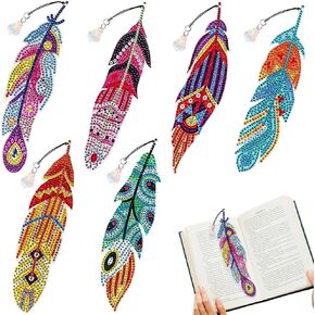6pcs 5D Diamond Painting Bookmarks Crystal Feather Bookmark Acrylic Diamond Art Bookmarks Pendant Diamond Drawing Bulk Bookmarks Rhinestone Diamond Bookmarks for Adults Kids Home Office School