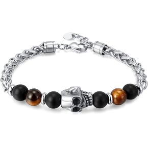 Men's Skull Bracelet Tiger Eye Stone Beaded Bracelet Stainless Steel Chain Punk Retro Bracelet Jewelry Gift for Men