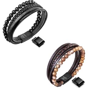 Speroto mens bracelets,8.7'leather and bead bracelets,braided bracelet with brown and onyx bead,best gift for men
