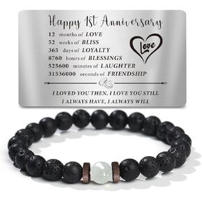 TAGOMEI Anniversary Card Gifts Bracelets for Mens Beaded Bracelets with Engraved Anniversary Wallet Card Gifts for Him Her Moonstone Bracelet Christmas Birthday Gifts for Men Husband Wife Boyfriend