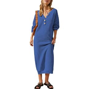 Cutiefox Women's Fall Winter Sweater Long Dress Button V Neck Batwing Long Sleeve Oversized Waffle Knit Dresses