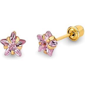 14k REAL Yellow Gold Pink Star Stud Earrings with Screw Back