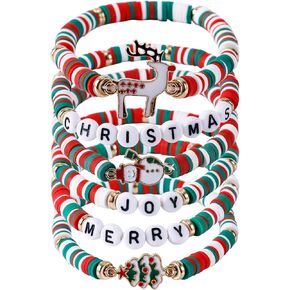 6pcs Christmas Clay Beaded Bracelets, Stackable Xmas Bracelets Festive Bracelets Reindeer Snowmen Christmas Jewelry Christmas Gifts for Women Costume Party Favors