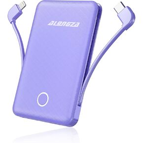 Alongza Portable Charger Small Size Built in Cable 6000mAh Power Bank, External Battery Pack Lightweight Backup Charger, Ultra Slim Battery Backup Charger for Cell Phones, 2 Pack Black & White